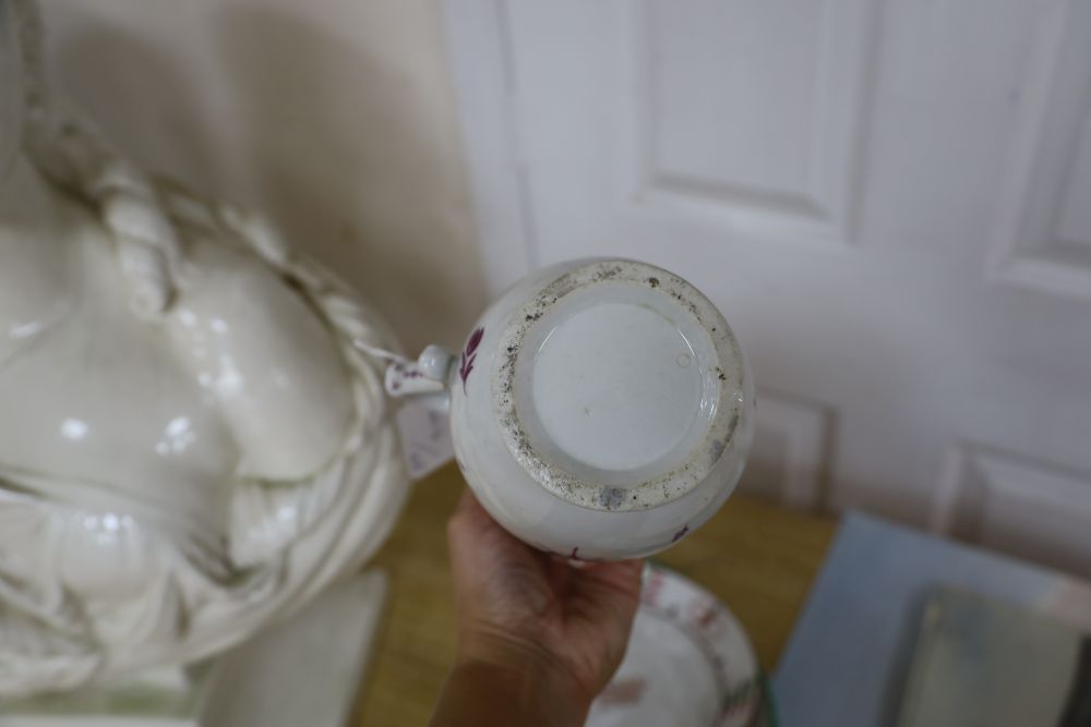 A 19th century German porcelain hot water jug, two Regency porcelain dishes a pair of Wilson pearlware dishes and a Wedgwood basket